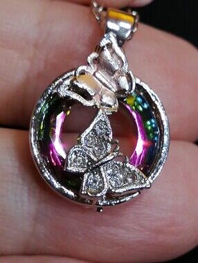 Dainty Necklace 2 Butterflies Round Rainbow Crystals Pendant On Chain 18" Long
